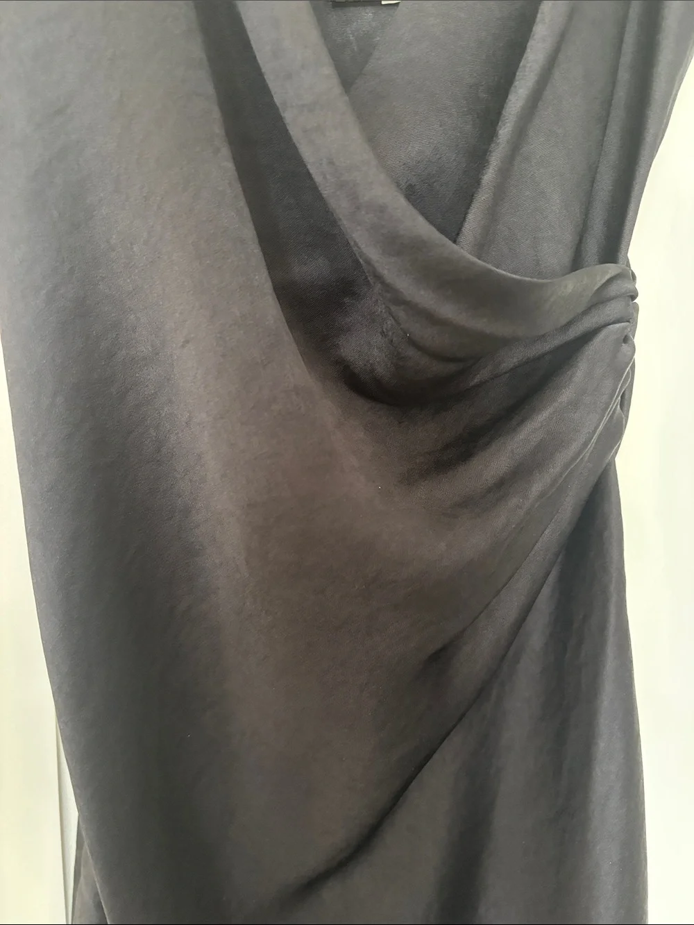 Wilfred Black Satin Slip Dress with Draped Side Detail and adjustable straps